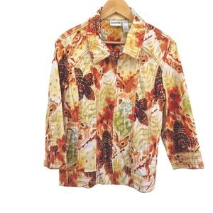 Chicos Jacket Womens Full Zip Abstract Floral Butterfly Print Size Large Fall
